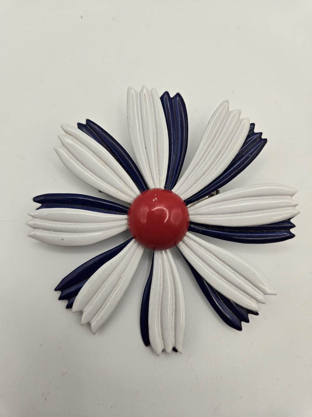 Patriotic Red White Blue Enamel Flower Pin Vintage 60s MOD 250yrs Independence